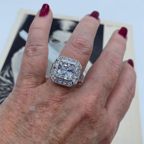 Clear CZ Statement Ring – Rhodium Brass Setting, Sizes 5 & 9 - Picture 7 of 7